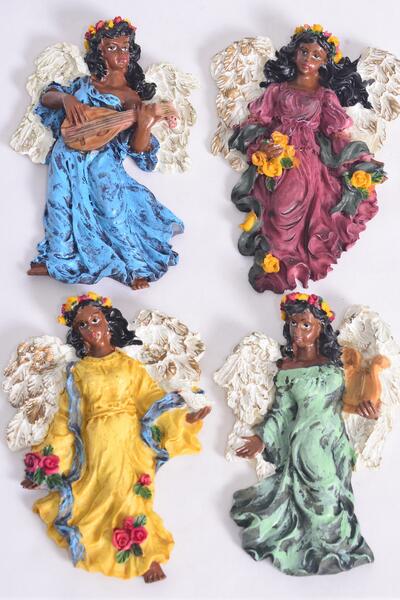 Figurine Angel Magnet Black Angel Color Dress / 12 pcs Angel = Dozen Angel , Size - 2.75" x 4" Wide , 3 Of Each Pattern Asst , Disply Box