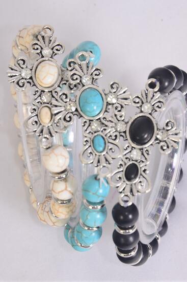 Bracelet Sideways Cross Stretch 10 mm Semiprecious Stone / 12 pcs = Dozen  match 02586 , 75025 Stretch , Cross - 1.75" x 1.25" Wide , 4 Black , 4 Ivory , 4 Turquoise Asst , Hang Tag & OPP Bag & UPC Code