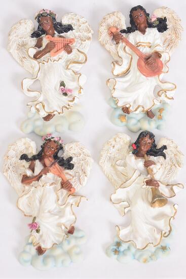 Figurine Angel Magnet Black Angel White Dress Instrument / 12 pcs Angel = Dozen Angel , Size - 2.75" x 4" x 0.75" Wide , 3 Of Each Pattern Asst , Disply Box