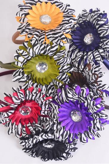 Headband Horseshoe Daisy Flower Zebra Print Dark Multi / 12 pcs =Dozen Flower Size - 5" Wide , 2 Black , 2 Purple , 2 Brown , 2 Burgundy , 2 Navy , 1 Camel , 1 Olive Color Asst , Hang Tag & UPC Code ,Clear Box