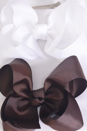 Hair Bow Jumbo Brown White Color Mix Grosgrain Bow-tie / 12 pcs Bow = Dozen  Alligator Clip , Size - 6" x 5" Wide , 6 Brown , 6 White Color Asst , Clip Strip & UPC Code