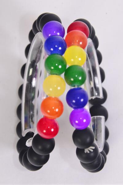 Bracelet 10 mm Black Glass Bead Rainbow Color Beads Mix Stretch / 12 pcs = Dozen  Stretch , Hang Tag & OPP Bag & UPC Code