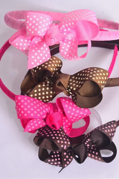 Headband Horseshoe Mini Polka dots Grosgrain Bow-tie Brown Pink Mix / 12 pcs = Dozen Pink Brown Mix , Bow Size - 4" x 3" Wide , 3 of each Pattern Asst , Hang tag & UPC Code , Clear Box