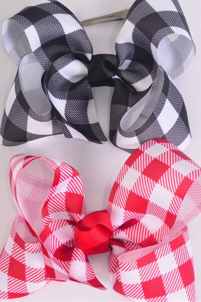 Hair Bow Jumbo Plaid Black Red Mix Grosgrain Bow-tie / 12 pcs Bow = Dozen Alligator Clip , Bow - 6" x 5" Wide , 6 Black , 6 Red Color Asst , Clip Strip & UPC Code