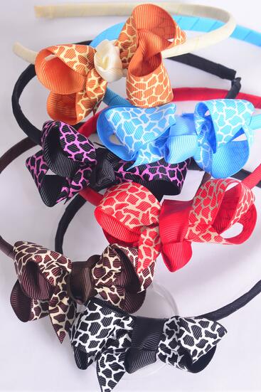 Headband Horseshoe Giraffe Animal Pattern Mix Grosgrain Bowtie Multi / 12 pcs = Dozen Bow Size - 4" x 3" Wide , 2 of each Pattern Asst , Hang tag & UPC Code , W Clear Box 