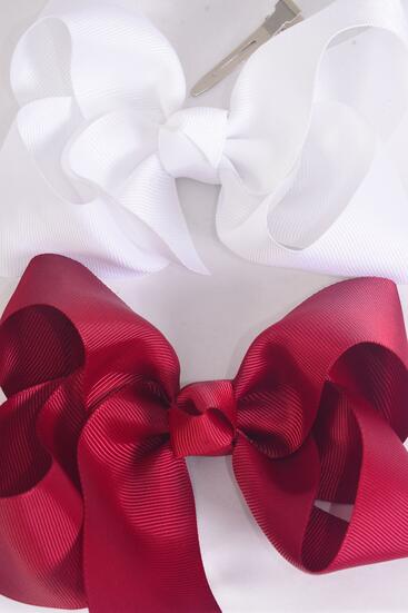 Hair Bow Jumbo Burgundy White Color Mix Grosgrain Bow-tie / 12 pcs Bow = Dozen Alligator Clip , Size - 6" x 5" Wide , 6 Burgundy , 6 White Color Asst , Clip Strip & UPC Code