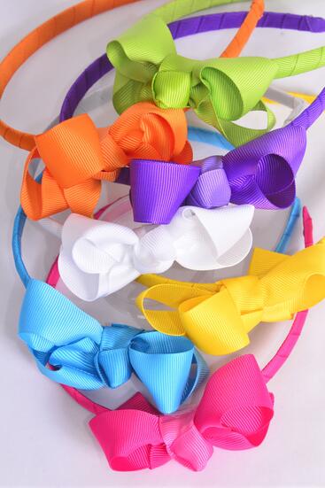 Headband Horseshoe Grosgrain Bow-tie Citrus / 12 pcs = Dozen Bow Size - 4" x 3" Wide , 2 Fuchsia , 2 Blue , 2 White , 2 Purple , 2 Yellow , 1 Lime , 1 Orange Color Asst , Hang tag & UPC Code ,W Clear Box -