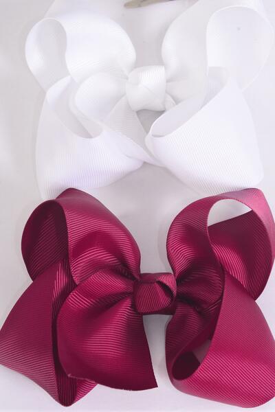 Hair Bow Jumbo Wine White color Mix Grosgrain Bow-tie / 12 pcs Bow = Dozen  Alligator Clip , Size - 6" x 5" Wide , 6 Wine , 6 White Color Asst , Clip Strip & UPC Code