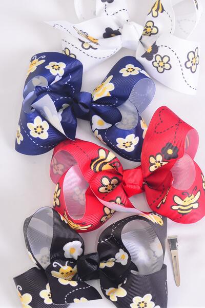 Hair Bow Jumbo Honey Bee W Flowers Grosgrain Bow-tie / 12 pcs Bow = Dozen    Alligator Clip , Size - 6" x 5" Wide , 3 Of Each Pattern Asst , Clip Strip and UPC Code