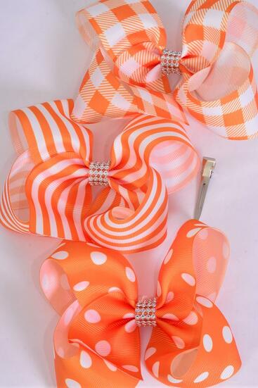 Hair Bow Jumbo Plaid Polka-dots Stripe Mix Grosgrain Bow-tie Orange Mix / 12 pcs Bow = Dozen Orange Mix , Alligator Clip , Bow - 6" x 5" Wide , 4 of each Pattern Asst , Clip Strip & UPC Code