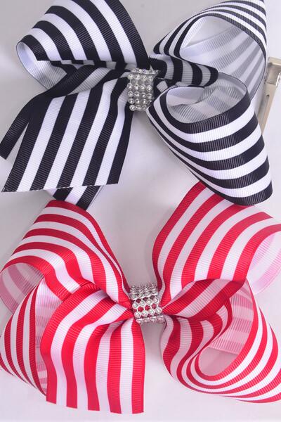 Hair Bow Jumbo Stripe Black Red Mix Grosgrain Bow-tie / 12 pcs Bow = Dozen Stripe , Alligator Clip , Bow - 6" x 5" Wide , 6 Black , 6 Red Color Asst , Clip Strip & UPC Code