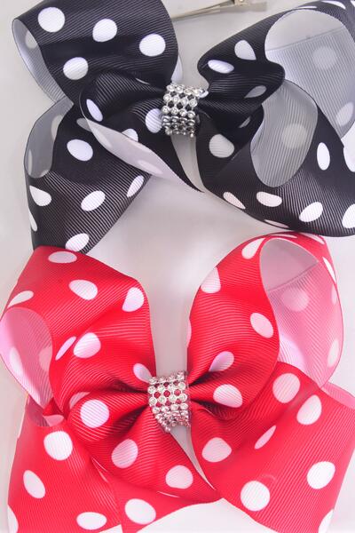 Hair Bow Jumbo Polka Dots Black Red Mix Grosgrain Bow-tie / 12 pcs Bow = Dozen Alligator Clip , Bow - 6" x 5" Wide , 6 Black , 6 Red Color Asst , Clip Strip & UPC Code