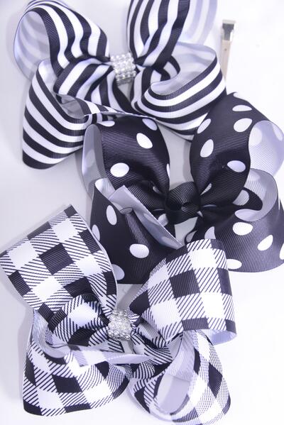 Hair Bow Jumbo Plaid Polka dots Stripe Mix Grosgrain Bow-tie Black Mix / 12 pcs Bow = Dozen Alligator Clip , Bow - 6" x 5" Wide , 4 of each Pattern Asst , Clip Strip & UPC Code