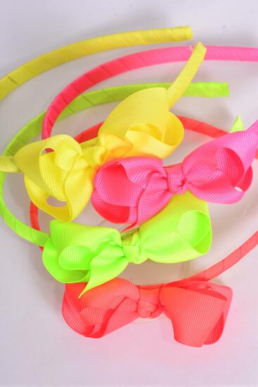 Headband Horseshoe Neon Grosgrain Bow-tie / 12 pcs  = Dozen Neon , Bow Size - 4" x 3" Wide , 3 of each Pattern Asst , Hang tag & UPC Code , W Clear Box