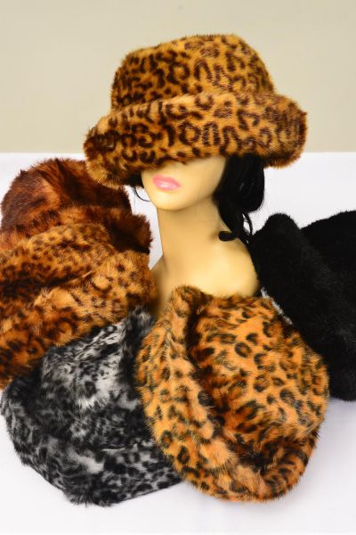 Hat Womens Leopard Plush Faux Fur Roll Up Bucket Hat / PC W OPP Bag , Choose Patterns