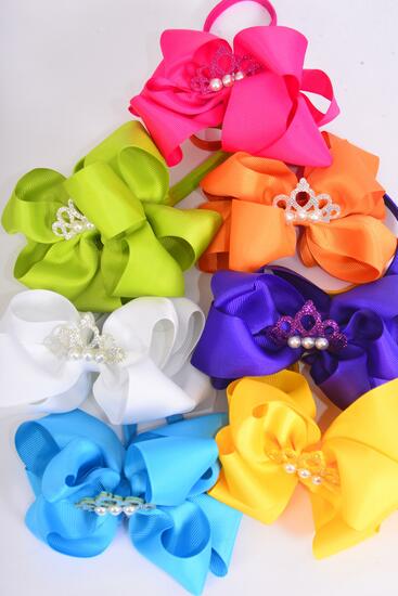 Elastic Headband Jumbo Tiara Pearl Double Layer Bow Citrus Grosgrain Bow tie / 12 pcs = Dozen Elastic , Bow Size - 6" x 5" Wide , 2 Fuchsia , 2 Blue , 2 Yellow , 2 Purple , 2 White , 1 Lime , 1 Orange Color Mix , Hang Tag & UPC Code , Clear Box