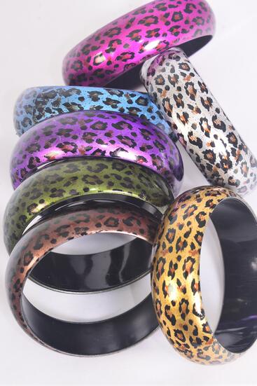 Bracelet Bangle Acrylic Leopard Print Multi / 12 pcs = Dozen Multi , Size - 2.75" x 1" Dia wide , 2 Silver , 2 Gold , 2 Fuchsia , 2 Purple , 2 Brown , 1 Olive , 1 Blue Color Asst , Hang Tag & Opp Bag & UPC Code