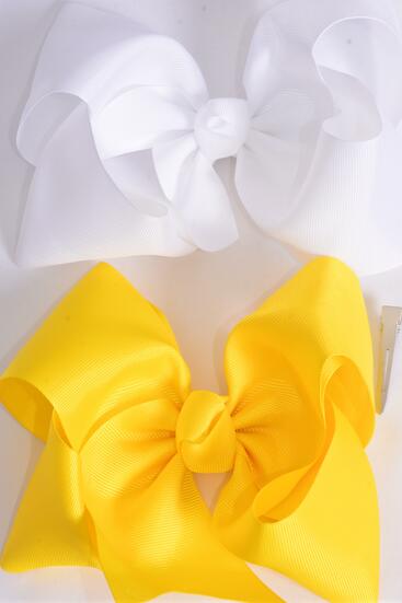 Hair Bow Jumbo Daffodil Yellow White Mix Grosgrain Bow-tie / 12 pcs bow = Dozen  Alligator Clip , Size - 6" x 5" Wide , 6  Daffodil Yellow , 6 White Color Asst , Clip Strip & UPC Code