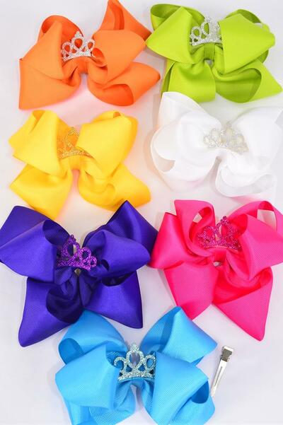 Hair Bow Jumbo Double Layered Center Tiara Citrus Grosgrain Bow-tie / 12 pcs Bow = Dozen Alligator Clip , Size - 6" x 5" Wide , 2 White , 2 Yellow , 2 Blue , 2 Fuchsia , 2 Purple , 1 Orange , 1 Lime Color Asst , Clip Strip & UPC Code