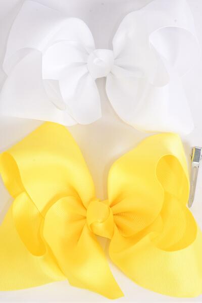 Hair Bow Jumbo baby Yellow White Mix Grosgrain Bow-tie / 12 pcs bow = Dozen Alligator Clip , Size - 6 x 5" Wide , 6 Baby Yellow , 6 White Color Asst , Clip Strip & UPC Code