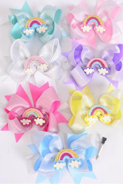 Hair Bow Jumbo Double Layered Metallic Happy Rainbow Grosgrain Bow-tie Pastel / 12 pcs Bow = Dozen Alligator Clip , Bow - 6" x 5" , 2 White, 2 Lavender, 2 Baby Pink , 2 Hot Pink , 2 Mint Green , 1 Blue , 1 Yellow Asst , Clip Strip & UPC Code