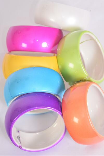 Bracelet Bangle Acrylic Hinge Silky Pearl Citrus / 12 pcs = Dozen  Size - 2.75" x 1.25 Dia Wide , 2 White , 2 Blue , 2 Purple , 2 Fuchsia , 2 Yellow , 1 Lime , 1 Orange Mix , Hang Tag & OPP bag & UPC Code