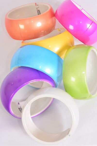 Bracelet Bangle Acrylic Hinge Silky Pearl Citrus / 12 pcs = Dozen  Size - 2.75" x 1.25 Dia Wide , 2 White , 2 Blue , 2 Purple , 2 Fuchsia , 2 Yellow , 1 Lime , 1 Orange Mix , Hang Tag & OPP bag & UPC Code