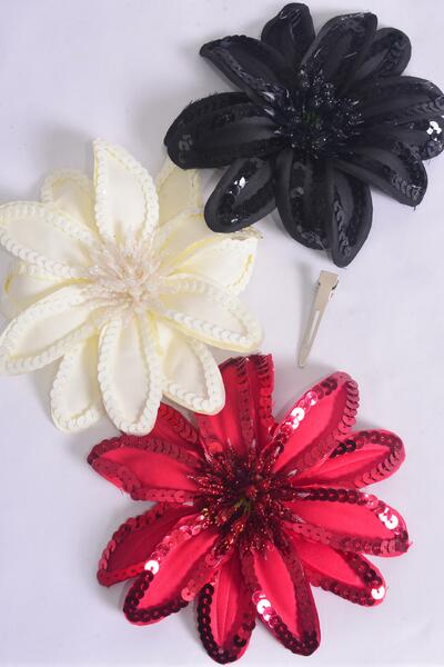 Flower Sequin Jumbo Sequin Red Black Beige Mix / 12 pcs Flower = Dozen Flower Size - 6" Wide , Alligator Clip & Brooch , 4  of each Color Asst , Display Card & UPC Code , Clear Box