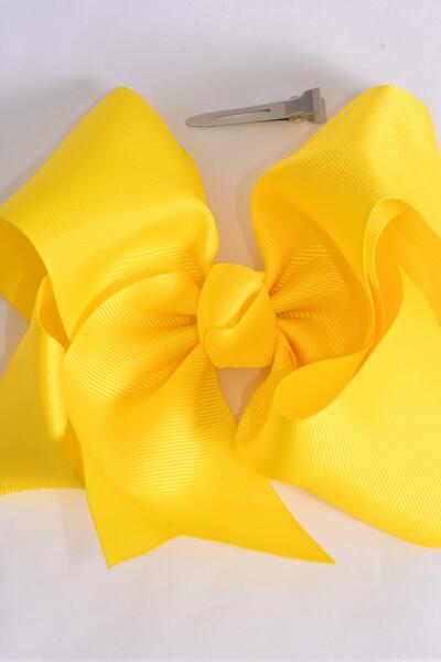 Hair Bow Jumbo Daffodil Yellow Grosgrain Bow-tie / 12 pcs Bow = Dozen Daffodil Yellow , Alligator Clip , Size - 6" x 5" Wide , Clip Strip & UPC Code