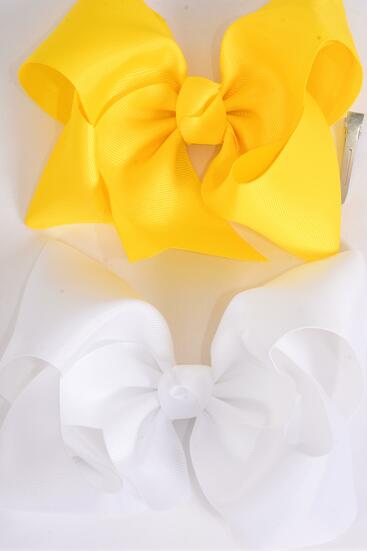 Hair Bow Extra Jumbo Cheer Type Bow Daffodil Yellow White Mix Grosgrain Bow-tie / 12 pcs Bow = Dozen  Alligator Clip , Size - 8" x 7" Wide , 6 Daffodil Yellow , 6 White Color Asst , Clip Strip & UPC Code