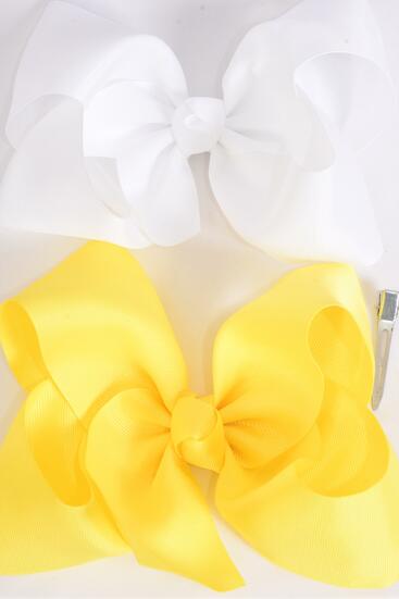 Hair Bow Extra Jumbo Cheer Type Bow Baby Yellow White Mix Grosgrain Bow-tie / 12 pcs Bow = Dozen  Alligator Clip , Size - 8" x 7" Wide , 6 Baby Yellow , 6 White Color Asst , Clip Strip & UPC Code