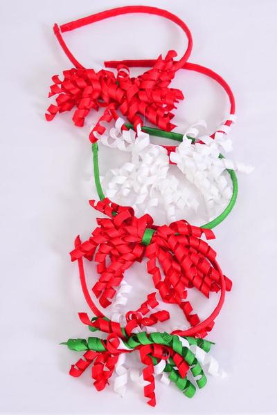 Headband Horseshoe Christmas Twirl Grosgrain Fabric / 12 pcs = Dozen 3 of each Pattern Asst , Hang tag & UPC Code , Clear Box