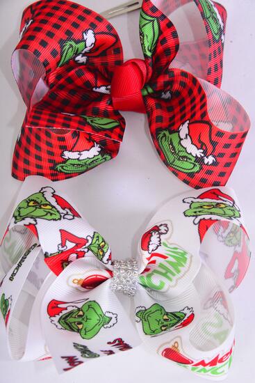 Hair Bow Jumbo Christmas Grinch Mix Grosgrain Bow-tie / 12 pcs Bow = Dozen match 01012  Grinch , Alligator Clip , Size - 6" x 5" Wide , 6 Of Each Pattern Asst , Clip Strip & UPC Code