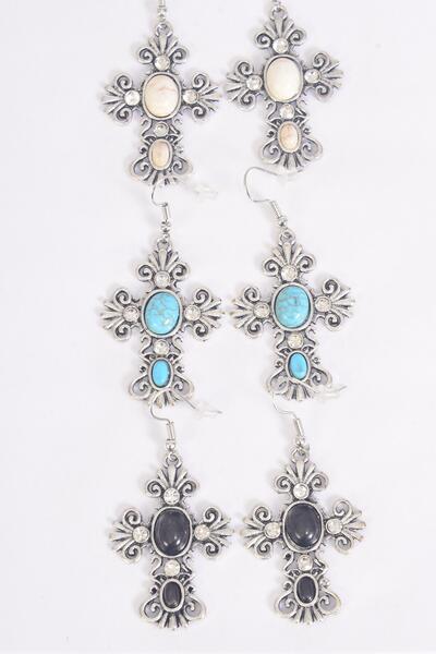 Earrings Metal Antique Cross Semiprecious Stone / 12 pair = Dozen match 27129 75025  Fish Hook , Size-1.75" x 1.25" Wide , 4 Black , 4 Ivory , 4 Turquoise Asst , Earring Card & OPP Bag & UPC Code