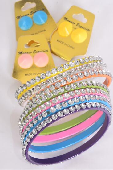 Bracelet and Earring Sets Bangle Metal Color Pastel Clear Stones All Around / 12 pcs = Dozen Size - 3" Wide , 2 Lime , 2 Orange , 2 Pink , 2 Blue , 2 Yellow , 1 White , 1 Purple Color Asst , Hang Tag & OPP Bag & UPC Code