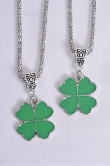 Necklace Silver Chain Clover / 12 pcs = Dozen match 25057 03177  Pendant - 1" Wide , 18" Extension Chain , Hang Tag & OPP Bag & UPC Code