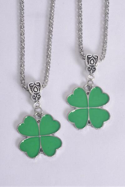 Necklace Silver Chain Clover / 12 pcs = Dozen match 25057 03177  Pendant - 1" Wide , 18" Extension Chain , Hang Tag & OPP Bag & UPC Code