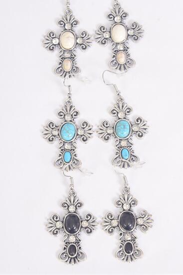 Earrings Metal Antique Cross Semiprecious Stone / 12 pair = Dozen match 25661 70124  Fish Hook , Size - 1.75" x 1.25" Wide , 4 Black , 4 Ivory , 4 Turquoise Asst , Earring Card & OPP Bag & UPC Code