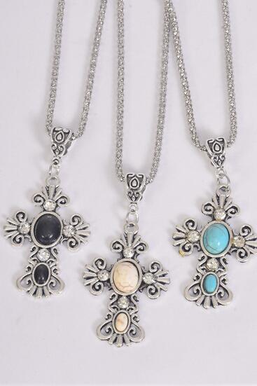 Necklace Silver Chain Cross Semiprecious Stone / 12 pcs = Dozen match 03175 27129 Pendant - 1.75" x 1.25" Wide , 18" Extension Chain , 4 Ivory , 4 Black , 4 Turquoise Asst , Hang Tag & OPP Bag & UPC Code