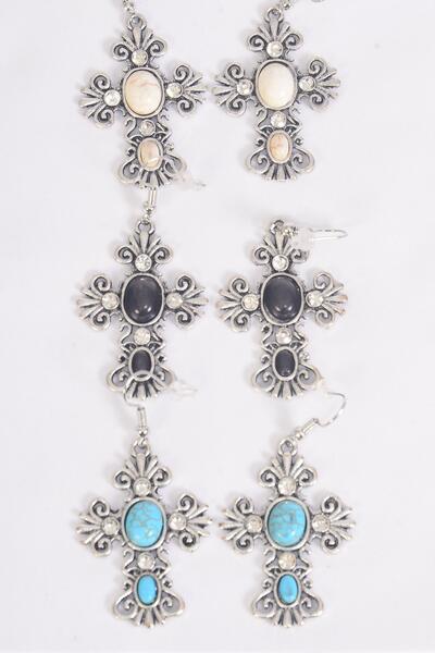 Earrings Metal Antique Cross Semiprecious Stone / 12 pair = Dozen match 25661 70124  Fish Hook , Size - 1.75" x 1.25" Wide , 4 Black , 4 Ivory , 4 Turquoise Asst , Earring Card & OPP Bag & UPC Code