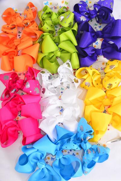 Hair Bows Large 36 pcs Unicorn Metallic Gold Grosgrain Bow-tie Citrus / 12 card = Dozen Alligator Clip , Bow Size - 4" x 3" , 2 White , 2 Fuchsia , 2 Purple , 2 Yellow , 2 Blue , 1 Lime , 1 Orange Mix , 3 pcs per Card , 12 Card = Dozen