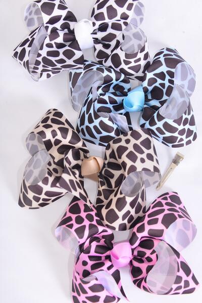 Hair Bow Jumbo Giraffe Pattern Mix Grosgrain Bow-tie / 12 pcs Bow = Dozen  Alligator Clip , Size - 6" x 5" Wide , 3 of each Pattern , Clip Strip & UPC Code