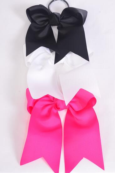 Hair Bow Extra Jumbo Long Tail Cheer Type Bow Black Fuuchsia White Color Mix Elastic Grosgrain Bow-tie / 12 pcs Bow = Dozen Elastic , Size - 6.5" x 6" Wide , 4 Black , 4 Fuchsia , 4 White Color Asst , Clip Strip & UPC Code