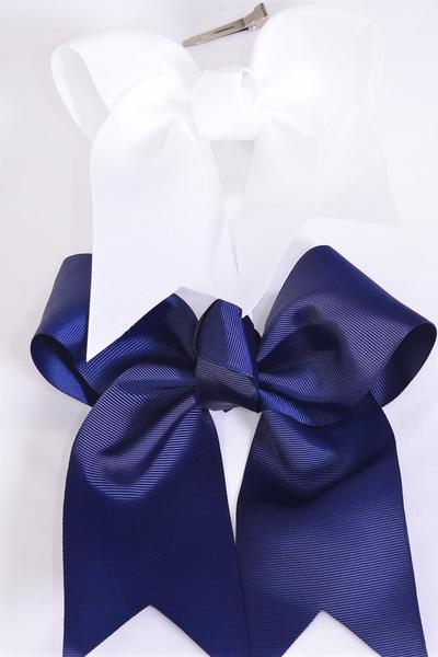 Hair Bow Extra Jumbo Long Tail Navy White Mix Grosgrain Bow-tie / 12 pcs Bow = Dozen  Alligator Clip , Size - 6.5" x 6" , 6 Navy , 6 White Asst , Clip Strip & UPC Code