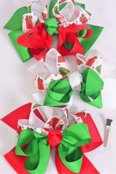 Hair Bow Jumbo Christmas Double Layered Grosgrain Bow-tie Red White Green Mix / 12 pcs Bow = Dozen Alligator Clip , Size - 6" x 5 Wide , 4 Red , 4 White , 4 Green Pattern Asst , Clip Strip & UPC Code