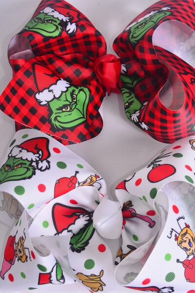 Hair Bow Jumbo Christmas Grinch Mix Grosgrain Bow-tie / 12 pcs Bow = Dozen match 01012 Grinch , Alligator Clip , Size - 6" x 5" Wide , 6 Of Each Pattern Asst , Clip Strip & UPC Code