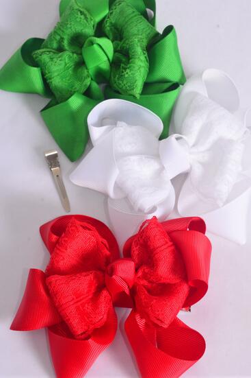 Hair Bow Jumbo Lace Double Layered Grosgrain Bow-tie / 12 pcs Bow = Dozen Christmas , Alligator Clip , Bow Size - 6" x 5", 4 of each Pattern Asst , Clip Strip & UPC Code