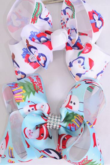 Hair Bow Jumbo Christmas Theme Santa Penguin Snowman Mix Grosgrain Bow-tie / 12 pcs Bow = Dozen Christmas , Alligator Clip , Size - 6" x 5" Wide , 6 Of Each Pattern Asst , Clip Strip & UPC Code