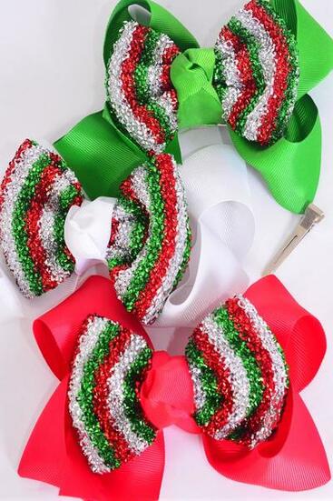 Hair Bow Jumbo Double Layered Metallic Red White Green Mix Grosgrain Bow-tie / 12 pcs Bow = Dozen Christmas , Alligator Clip , Size - 6" x 5" Wide , 4 of each Color Asst , Clip Strip & UPC Code