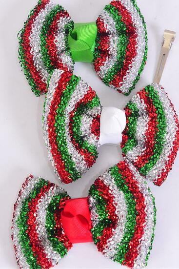 Hair Bow Large Metallic Red White Green Mix Grosgrain Bow-tie / 12 pcs Bow = Dozen  Christmas , Alligator Clip , Size - 5" x 4" Wide , 4 of each Color Asst , Clip Strip & UPC Code